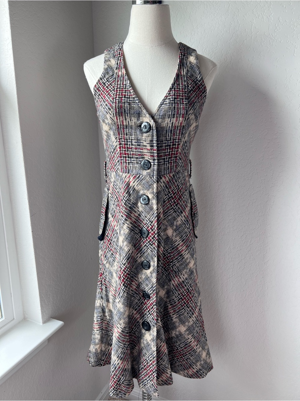Vintage Wool Blend Plaid Sleeveless Button Up Dress size 4 Academia